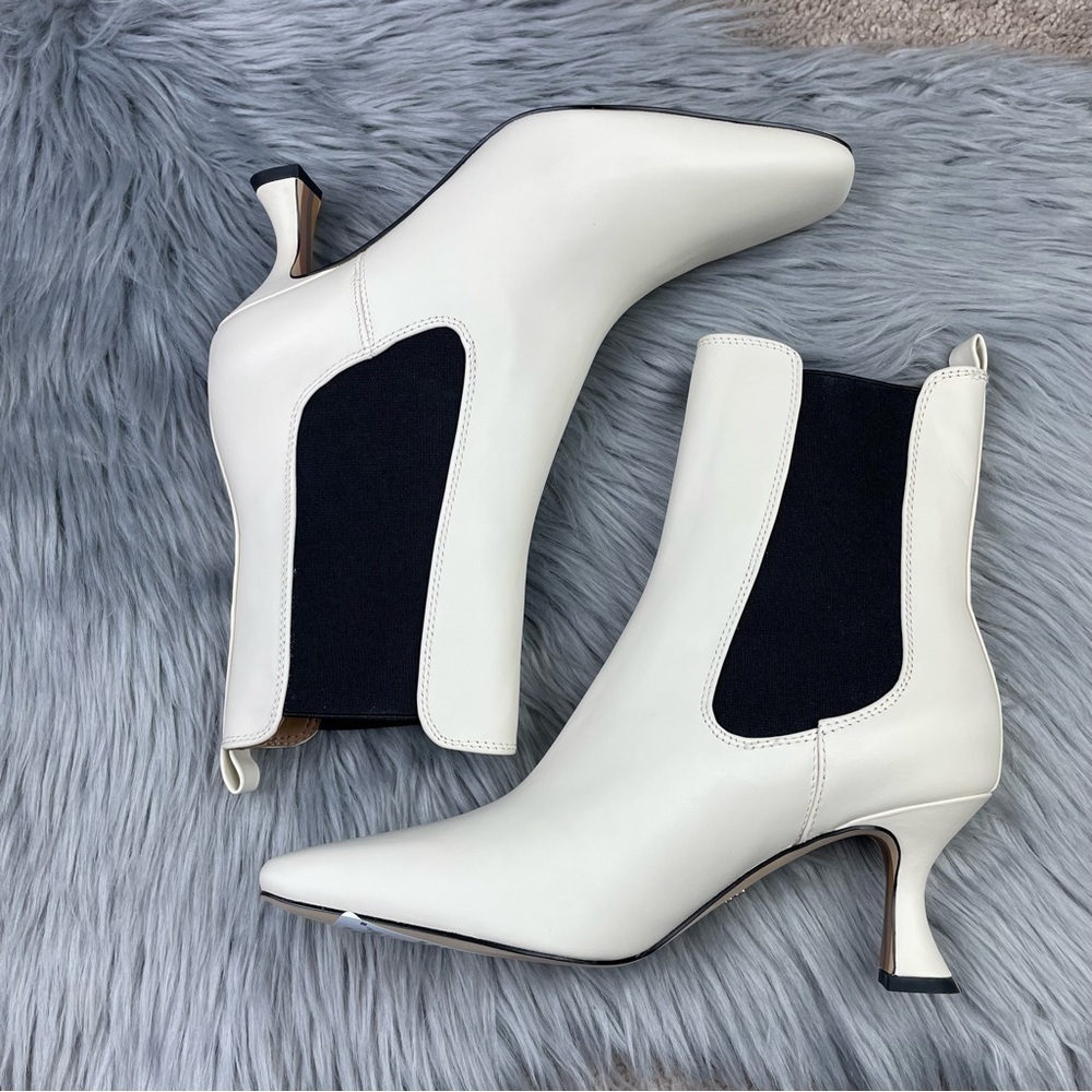 New Sam Edelman Lani Square Toe Chelsea Kitten Heel Boots in Ivory Leather - Picture 3 of 8